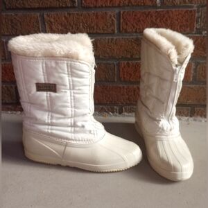 Sorel Vintage Cream Quilted Boots Kaufman Quebec White Fur Trim Zip Up Canada